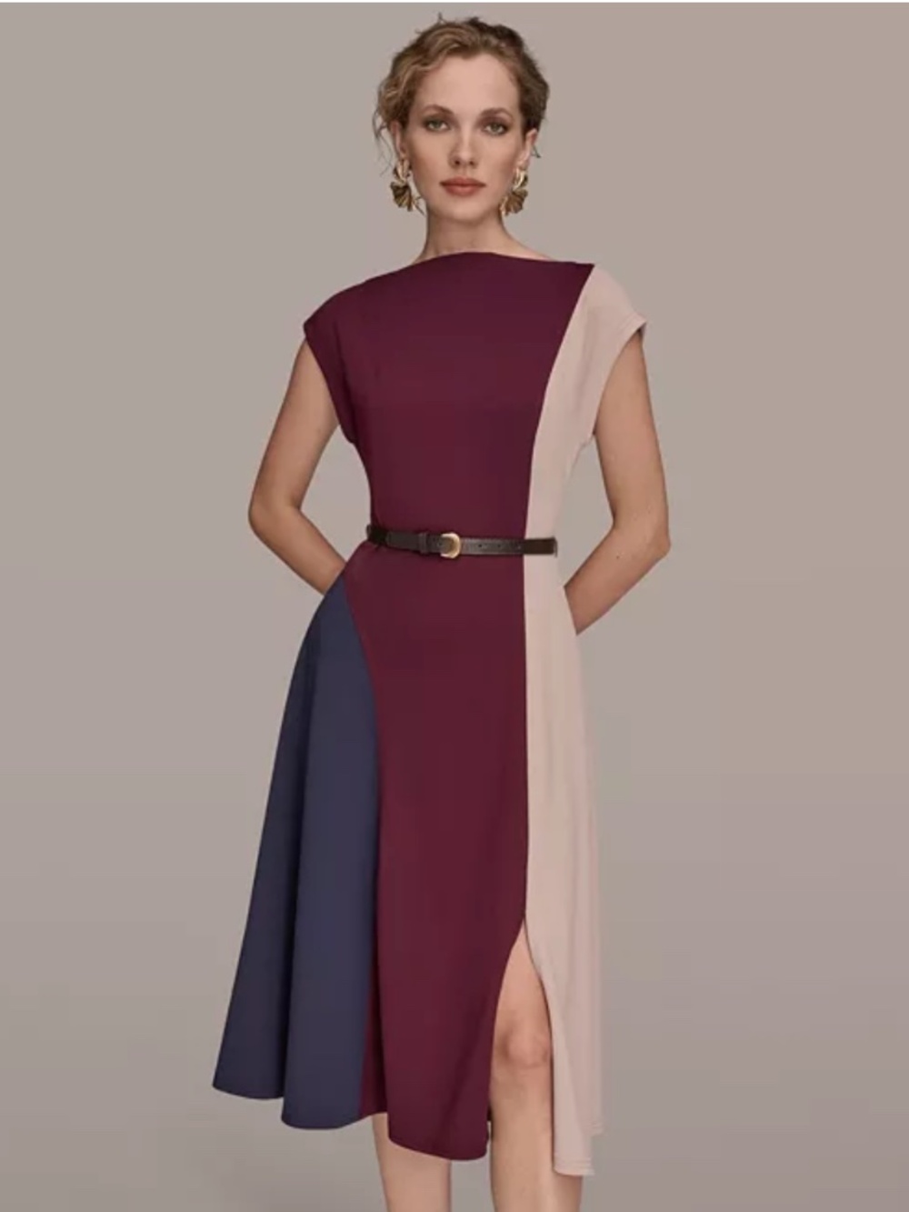 Donna Karan Wine Navy Blue Colorblock Cap Sleeve Midi Dress New 8